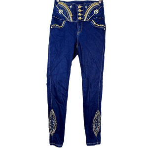 Sexy Couture Jeans Women 7 Blue Gold Y2K Cutout Tribal Back Pocketless Boho Glam